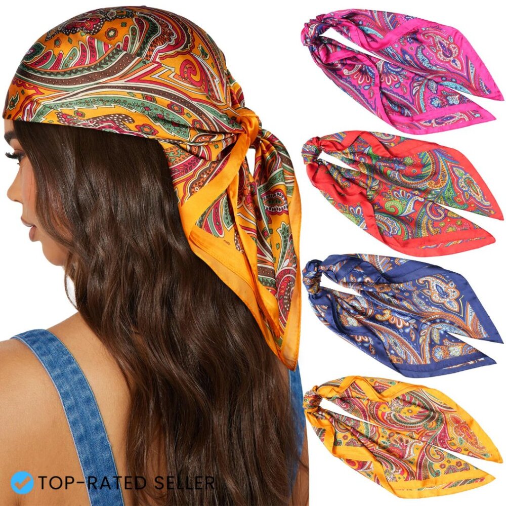 Satin Square Head Scarf Set Fashion Floral Silky Hair Wrap Boho Chic